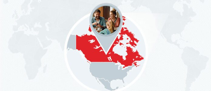 Map of Canada with magnifying glass of family eating dinner together