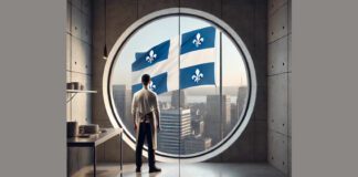 Man looking out of the window and staring at Quebec flag.