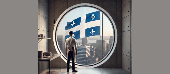 Man looking out of the window and staring at Quebec flag.