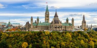 Stunning autumn view of Parliament Hill across the Ottawa River in Ottawa, Canada
