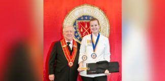 Sydney Hamelin and David Tetrault, Chair, Jeunes Chefs Rôtisseurs Competition Committee and Membre du Conseil d’Honneur and du Conseil Magistral