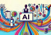 Illustration of Artificial Intelligence connecting lines to concepts and various business