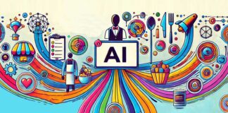 Illustration of Artificial Intelligence connecting lines to concepts and various business