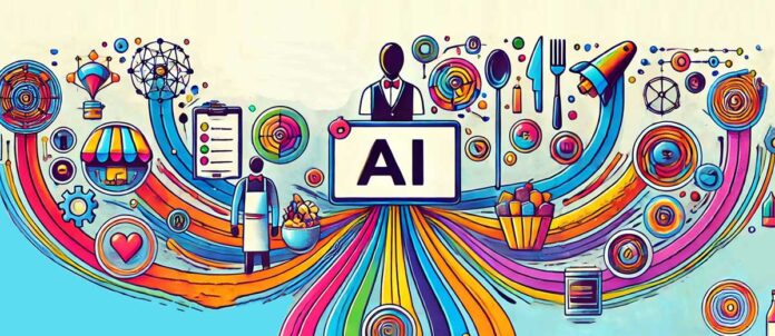 Illustration of Artificial Intelligence connecting lines to concepts and various business