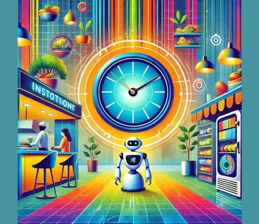AI Generated image of robots serving human various foods