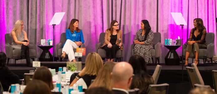 WITHorg Summit 2024 (L to R): Amy Bostock, managing editor, KML; Sarah Anseeuw, VP, Local Sales, North America, Sysco Canada; Lisa Mazurkewich, head of Marketing, Subway Restaurants; Nuit Regular, executive chef and co-owner of PAI, Kiin, Chaiyo, Sukhothai and By Chef Nuit Events & Catering; and Bernadette Farag, president and Chief Marketing Officer, Osmow’s. | Photo credit: Trina Turl