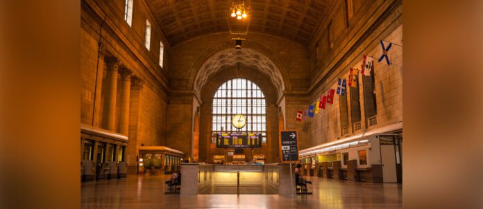 Wide angle inside view of Toronto's Union Station