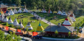 Panoramic view of the Indigenous Village at the Calgary Stampede on July 8, 2016 in Calgary, Alberta.
