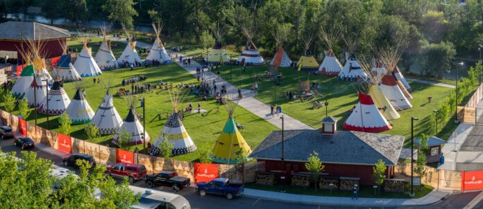 Panoramic view of the Indigenous Village at the Calgary Stampede on July 8, 2016 in Calgary, Alberta.