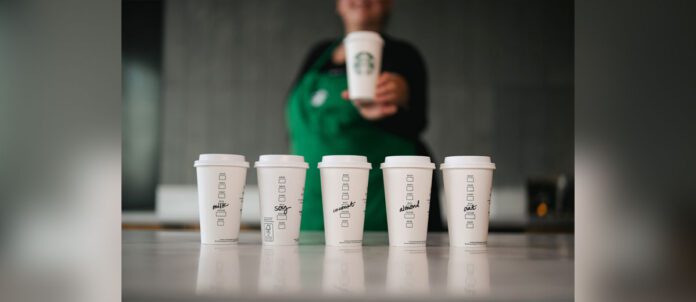 Starbucks row of coffee cups