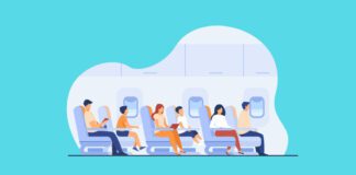 Cartoon characters on airplane or aircraft board