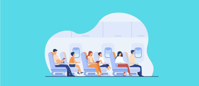 Cartoon characters on airplane or aircraft board