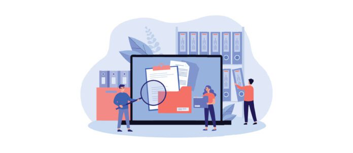 People taking documents from shelves, using magnifying glass and searching files in electronic database