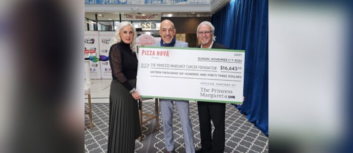 Pizza Nova Princess Margaret Pizza Nova President and CEO holding cheque to the Princess Margaret Cancer Foundation