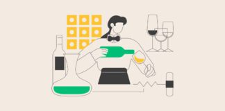 Illustration of restaurant worker pouring glass of wine