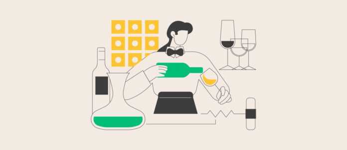 Illustration of restaurant worker pouring glass of wine