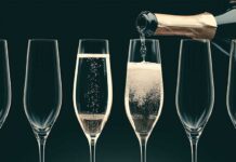 Row of Champagne glasses with hand pouring bottle