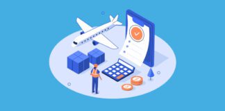 Illustration of Inspector at check cargo clearance tax form and calculate import fees.