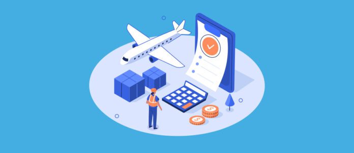 Illustration of Inspector at check cargo clearance tax form and calculate import fees.