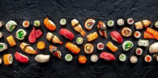 An assortment of Sushi rolls, Maki, Nigiri