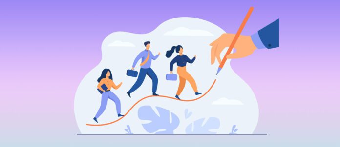 Business people walking up on increase chart