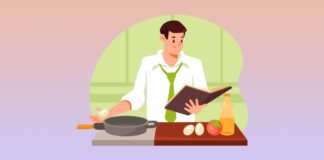 Man Cooking at Home with Cookbook and Frying Pan Vector Illustration
