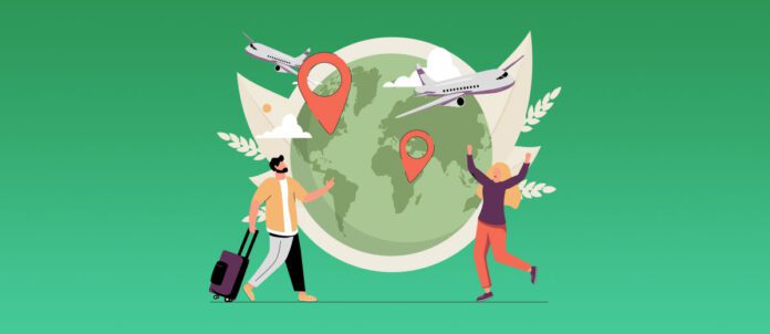 Illustration of couple travelling while doing sustainable tourism