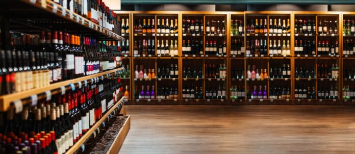 Bottles on shelves in liquor store