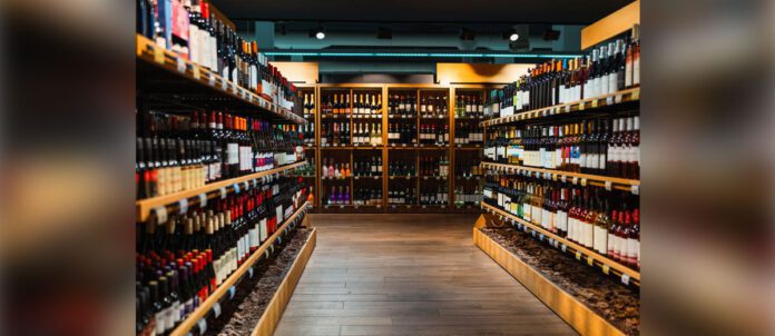 Wine bottles on shelves in liquor store
