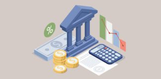 Illustration of stock market chart with arrow pointing down and a new government bill in front of capital building with calculator counting the money being allocated