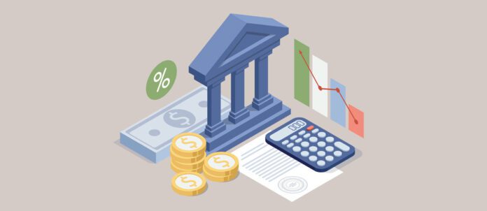 Illustration of stock market chart with arrow pointing down and a new government bill in front of capital building with calculator counting the money being allocated