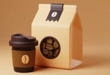 3D rendering of a coffee bag and cup