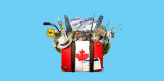 Retro suitcase with hat and Canadian attractions